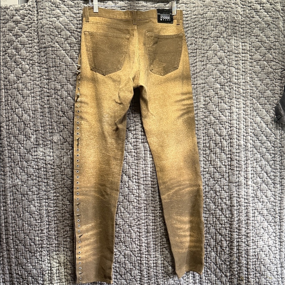 Gianfranco Ferre Men's Straight Jeans - Brown &Yellow with zip and metal studs - Picture 12 of 16
